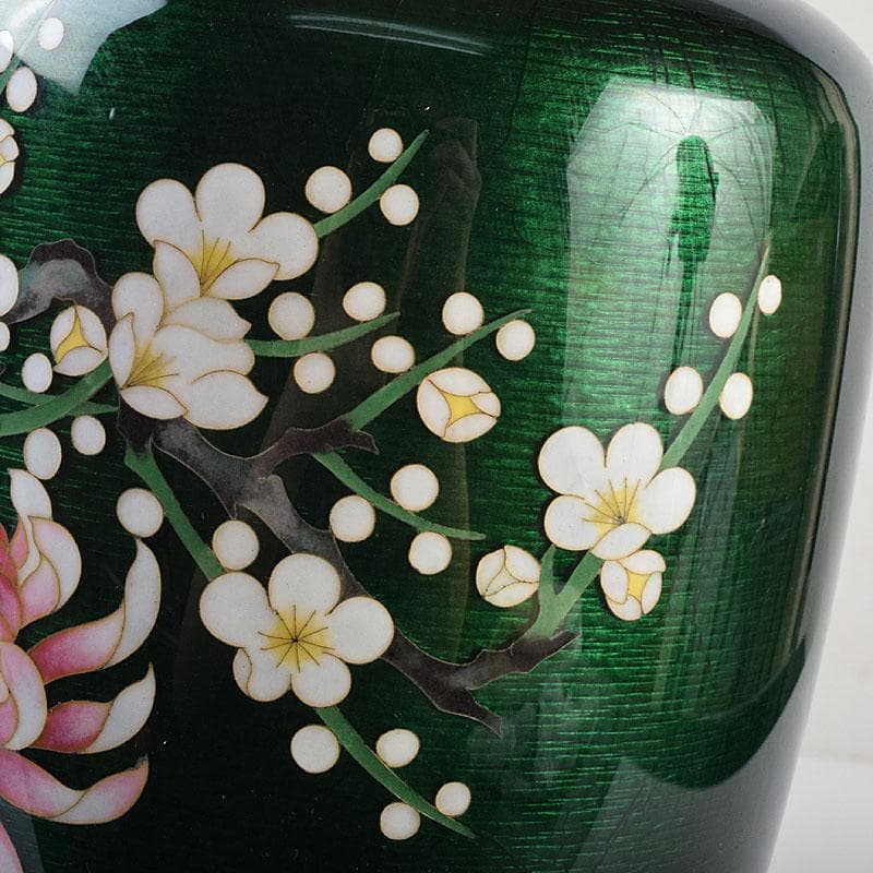 七宝焼 安藤七宝店 緑透釉 四君子文 花瓶 唐木台付 共箱 M