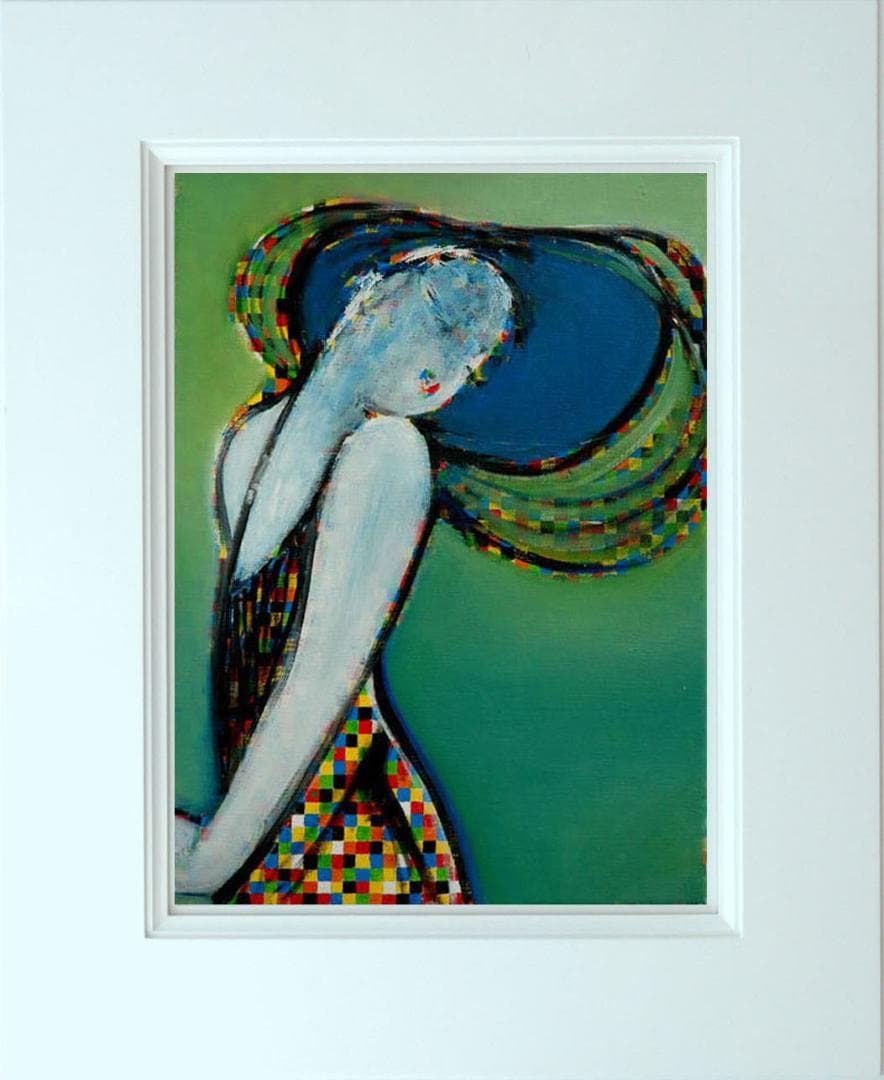 油絵 菅家令子 絵 絵画インテリア額付(青緑＋金色の枠)uF6-083511女性