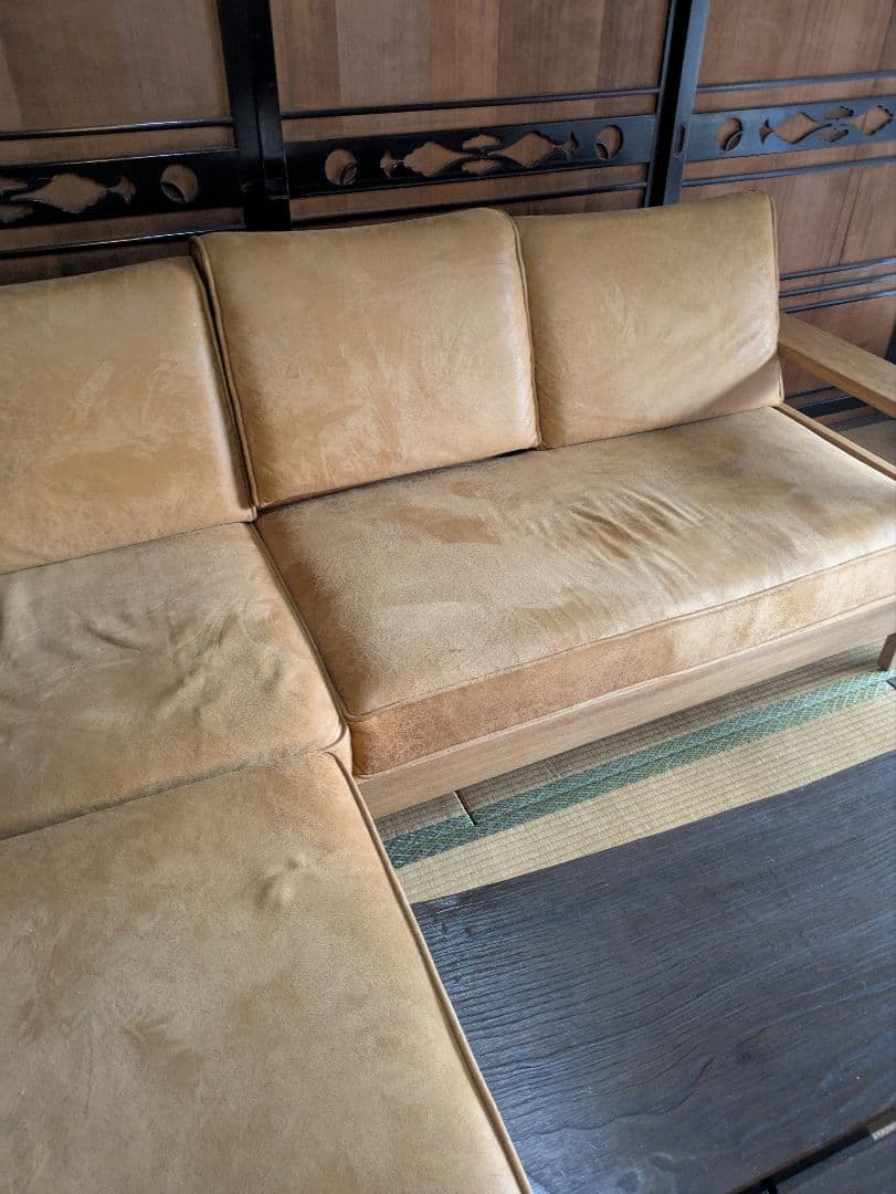 【美品】カウチソファ　レザーテックス キャメル 3人　 関家具　コパンⅡ 引取