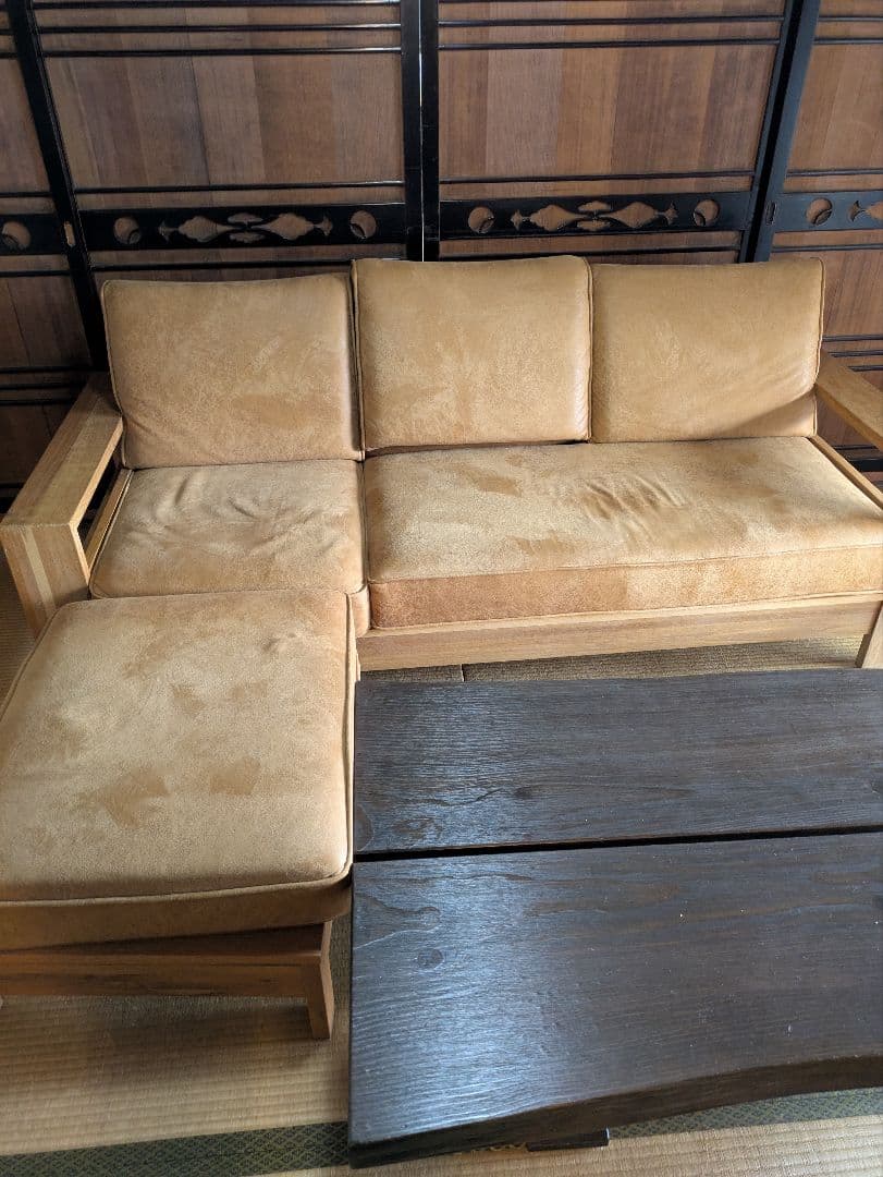 【美品】カウチソファ　レザーテックス キャメル 3人　 関家具　コパンⅡ 引取