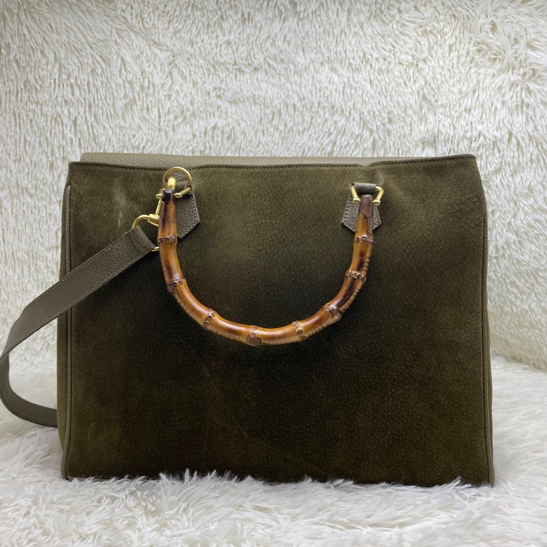 美品　GUCCI グッチ バンブー 2way ショルダーバッグ スエード カーキ