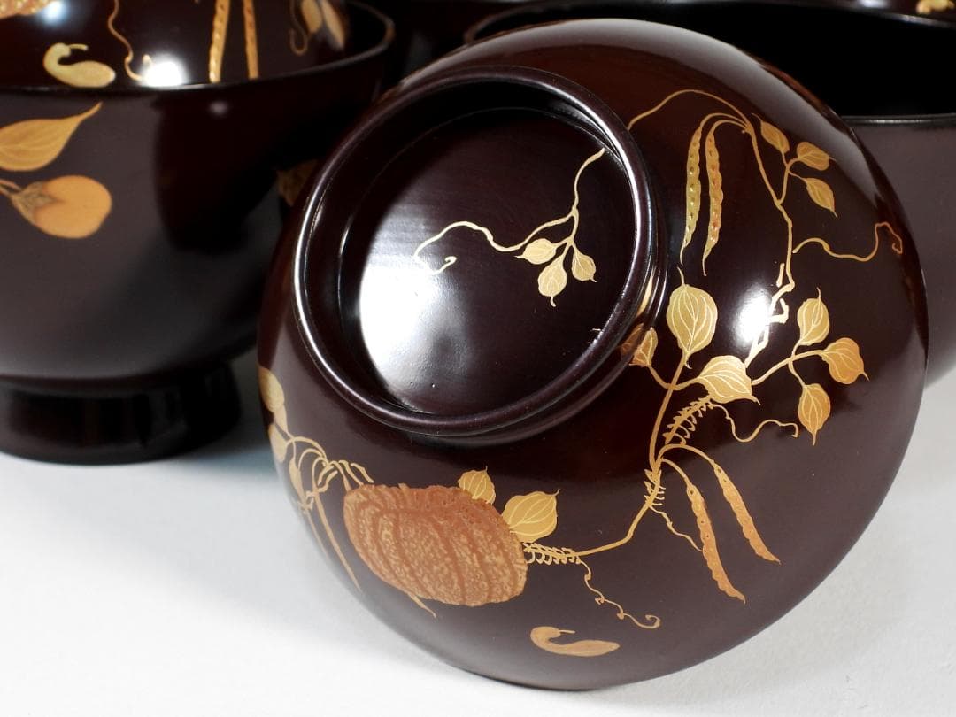 金蒔絵 木製 漆器 輪島金沢能登 汁椀蓋碗5客セット 小吸物碗