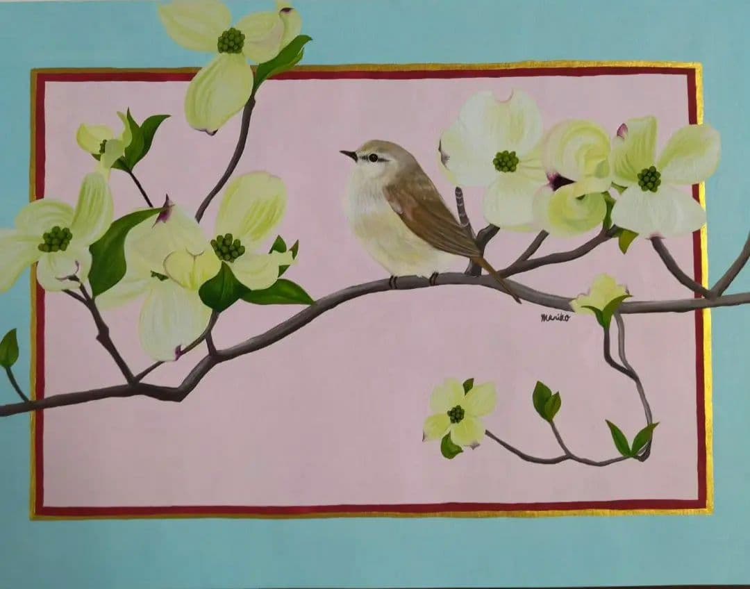 ウグイスとハナミズキ　ガッシュ画 ウグイスとハナミズキ ガッシュ画