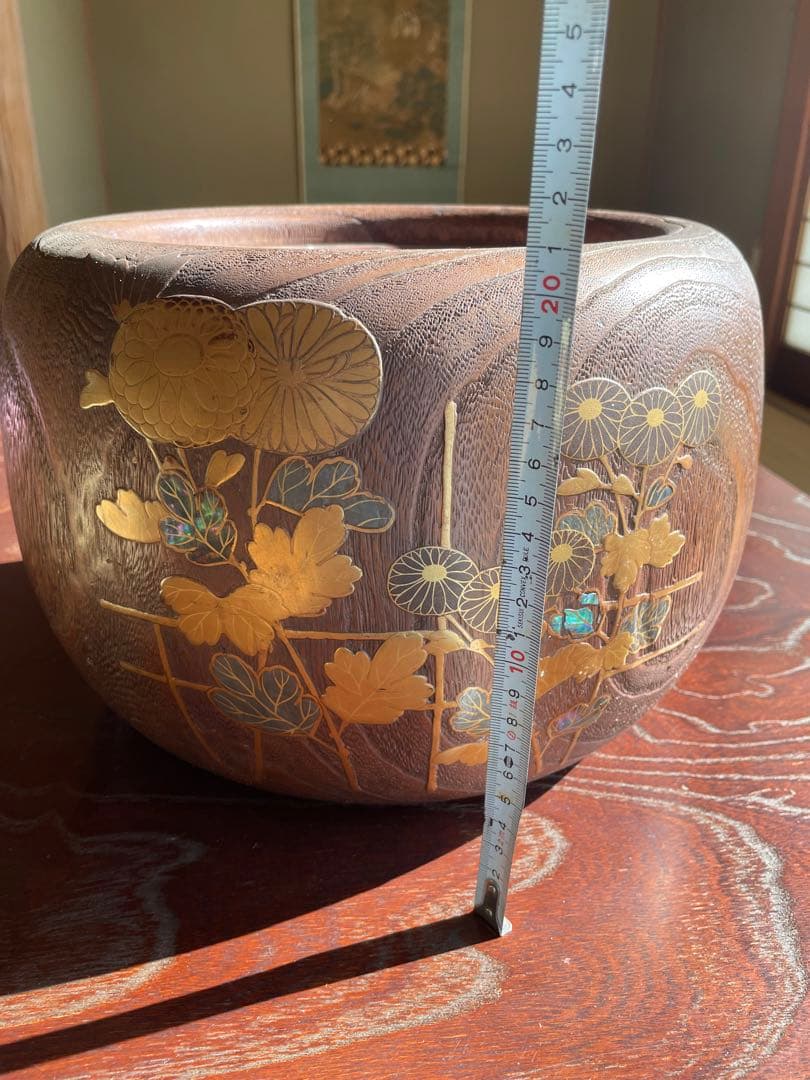 美品 時代 桐火鉢 秋草蒔絵 火鉢 螺鈿入り 茶道具 骨董品 木製火鉢 100