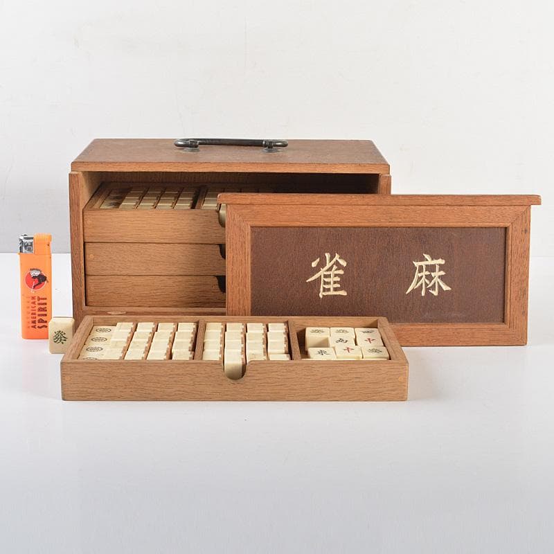 中国　竹嵌　骨牌　背竹牌　麻雀牌　唐木箱付　M　6615