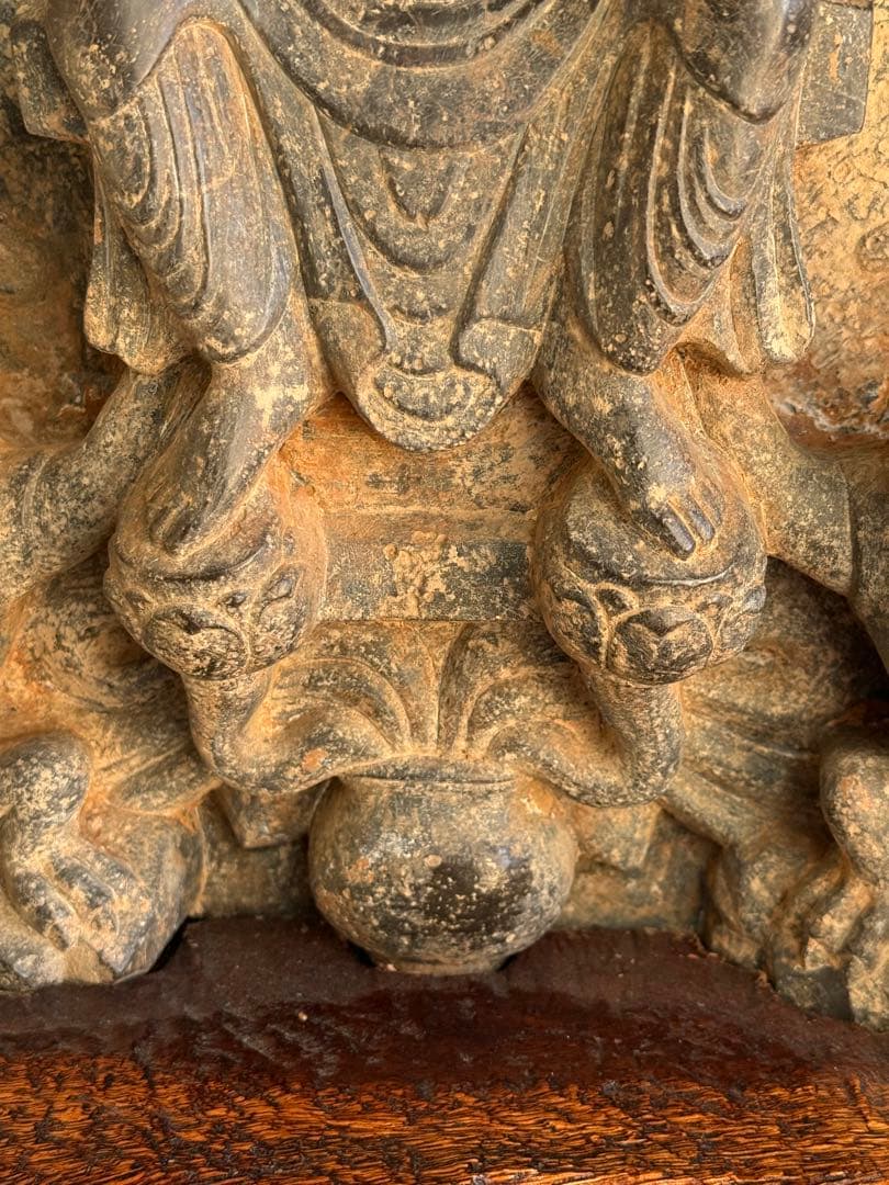 中国 石佛 三尊佛 台付 仏教美術 高さ約51cm 送料込み