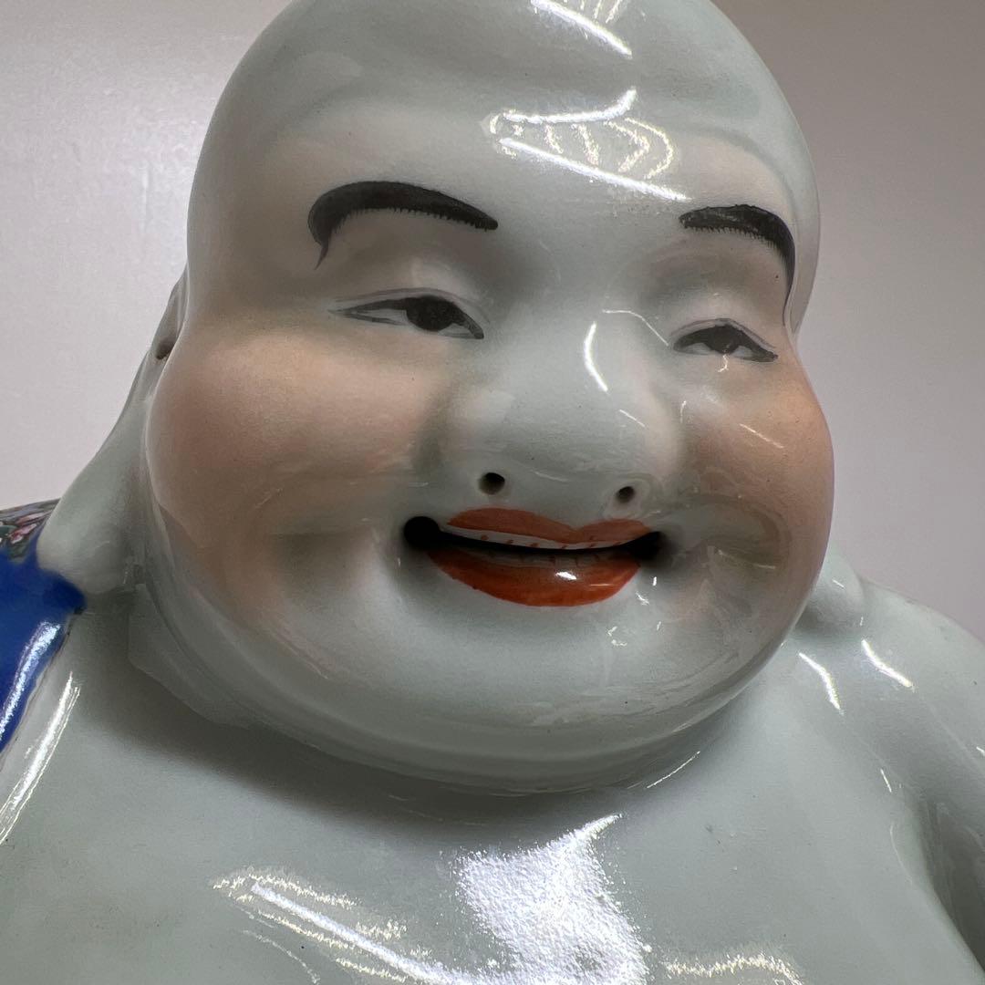 中国景徳鎮 羅漢肝嶺上 朱義順作 粉彩布袋置物 高さ約25㎝ トコル