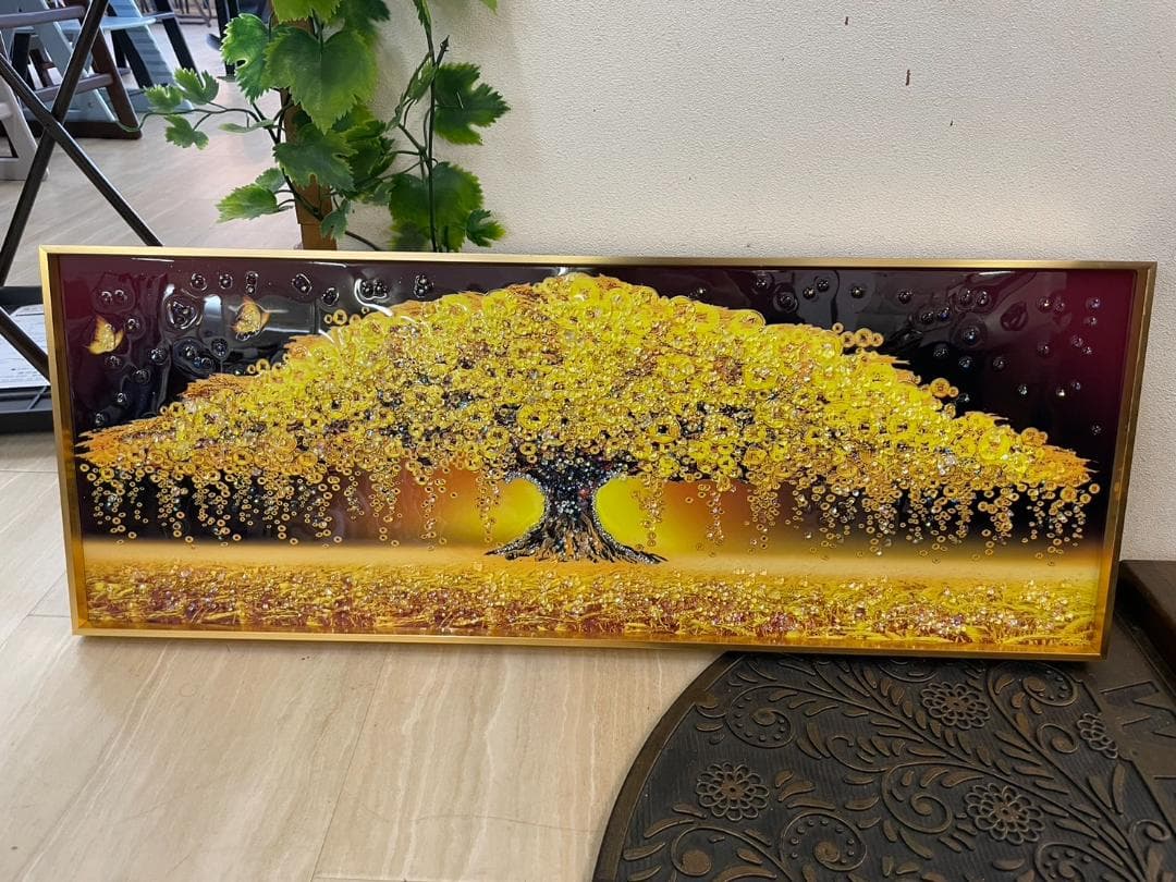 【アウトレット】水晶絵　アートパネル　金のなる木　金運　絵画　アート　ゴールド
