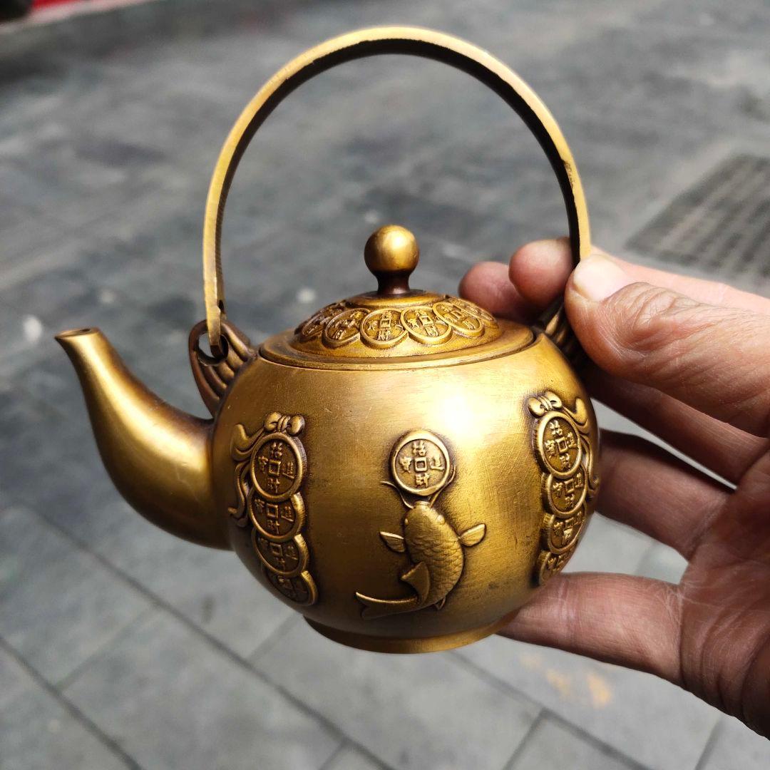銅器 招財進宝茶壺 酒壺 提梁壺 茶道具 煎茶道具 工芸品 置物