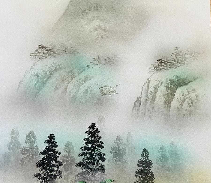 土田松月筆 四神守護山水 掛け軸 掛軸 肉筆 共箱 タトウ箱 縁起物日本画 神教