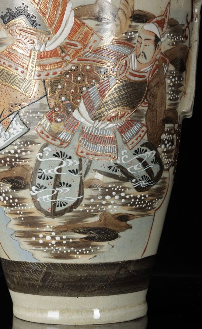 薩摩焼 金襴手色絵耳付武者図花瓶 共箱付 36.5㎝ 花器 飾壺 古美術 骨董品