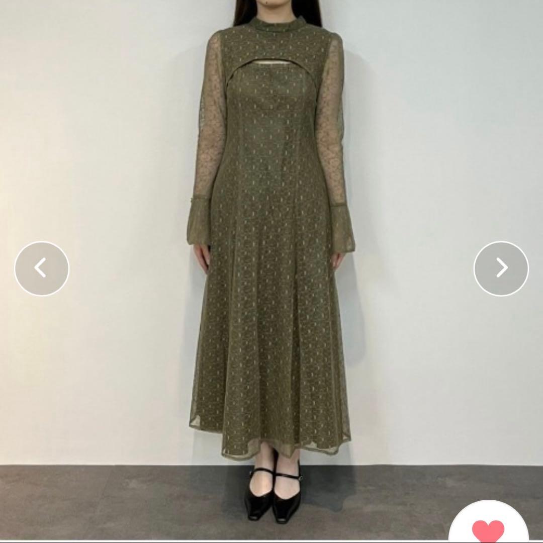 幾何学柄 レース バックオープン ワンピース パーティー ドレス　Lサイズ