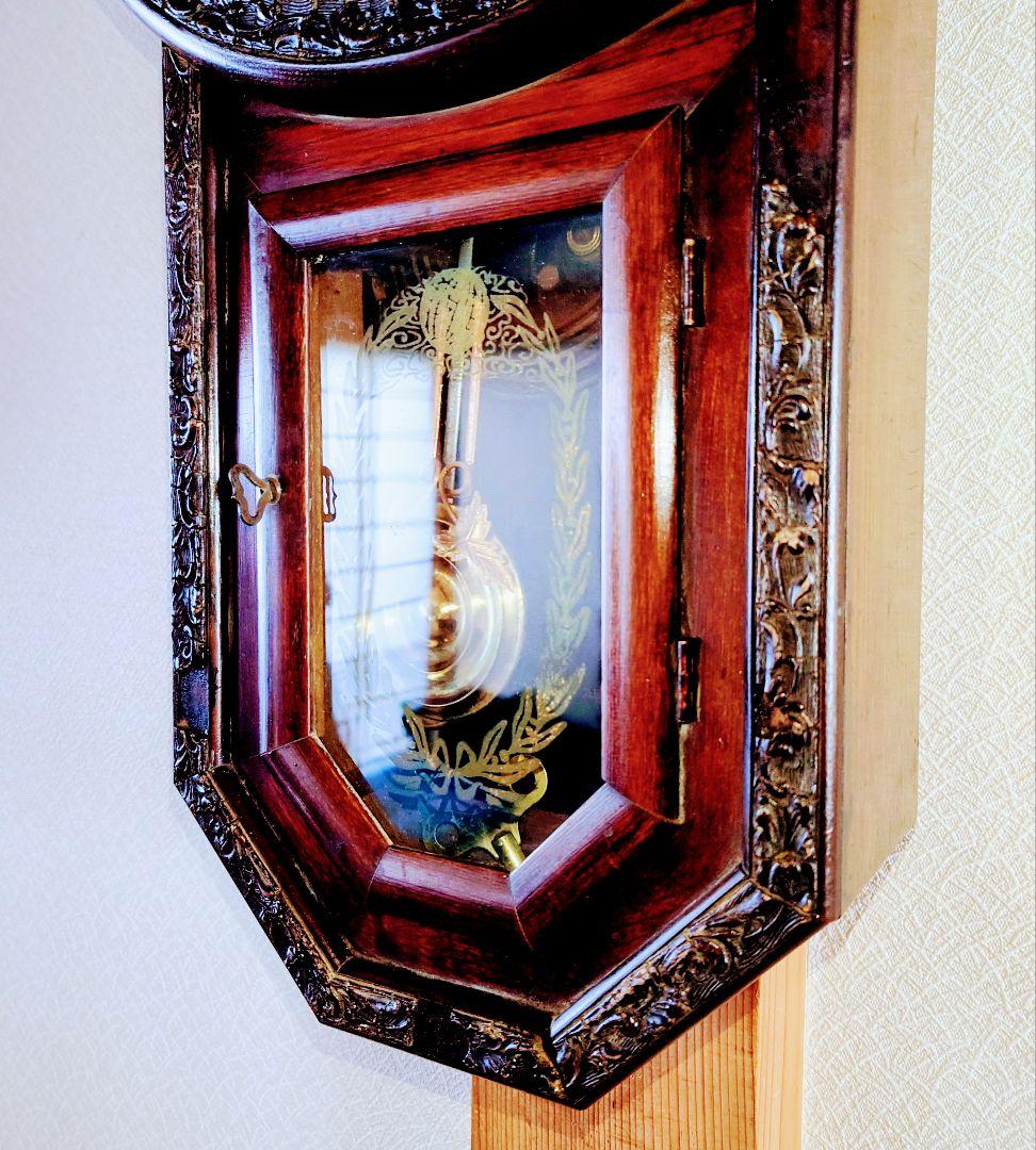 〈完動・美品〉地球印時計　装飾丸尾長ゼンマイ振り子時計 ボンボン時計　古時計