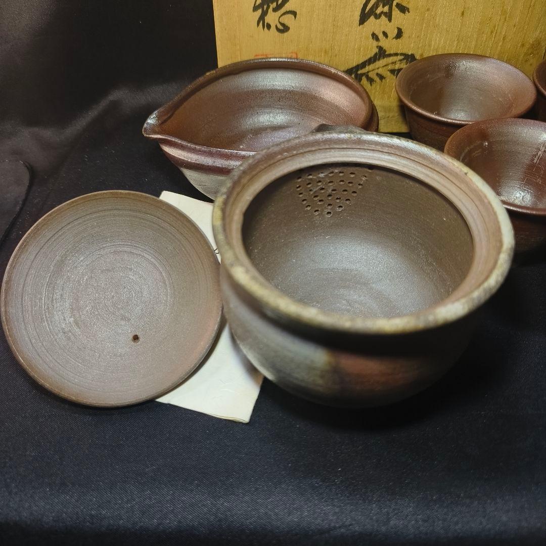 煎茶道具 備前焼 小野田瑞穂 窯変宝瓶 寿桃摘み 湯冷まし 茶杯セット 火襷