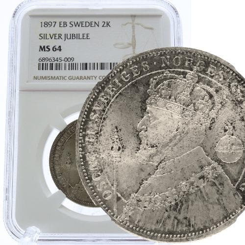 1897年 スウェーデン 工場 銀貨 2クローナ NGC MS 64