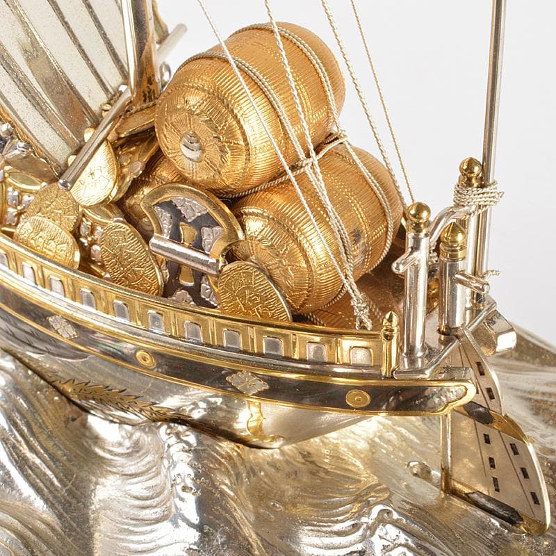 大阪尚美堂製 銀製 宝船 約287g 置物 ガラスケース付 F R6756B