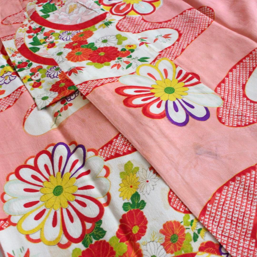 七五三 7歳 女の子 子供 アンティーク 着物 帯 ビーズバッグ セット