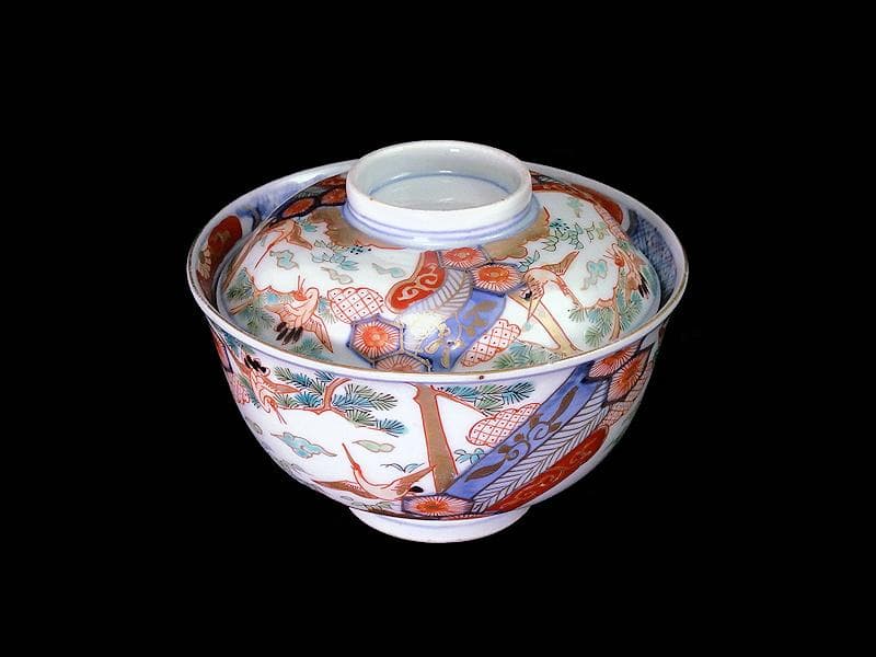 古伊万里　金襴手　雲鶴に松竹　孔雀羽に亀甲紋の図　蓋茶碗　E865AS-COf