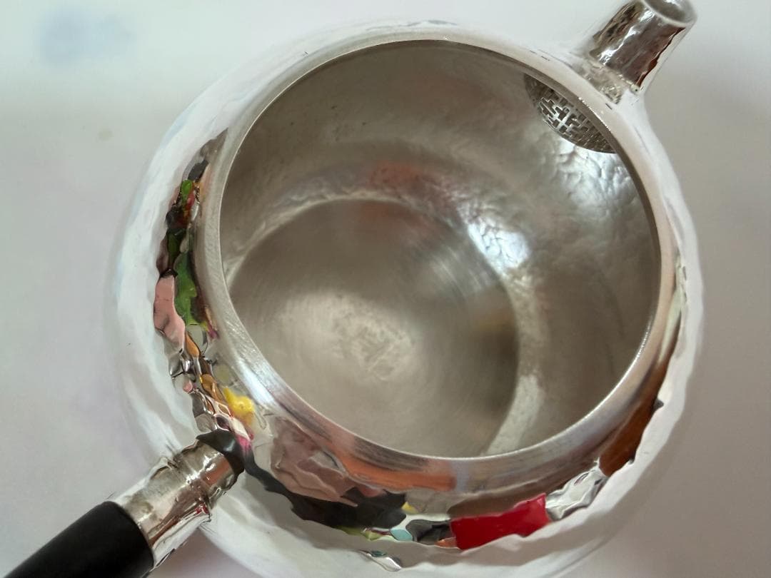 純銀製 丸形 鎚目 玉石摘 唐木手 急須 銀瓶 煎茶道具