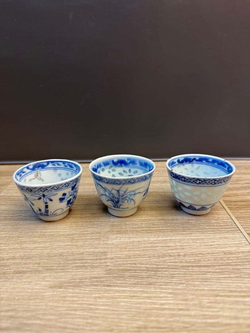 1521 中国骨董　康熙年製銘　染付青花湯呑　3客　時代物