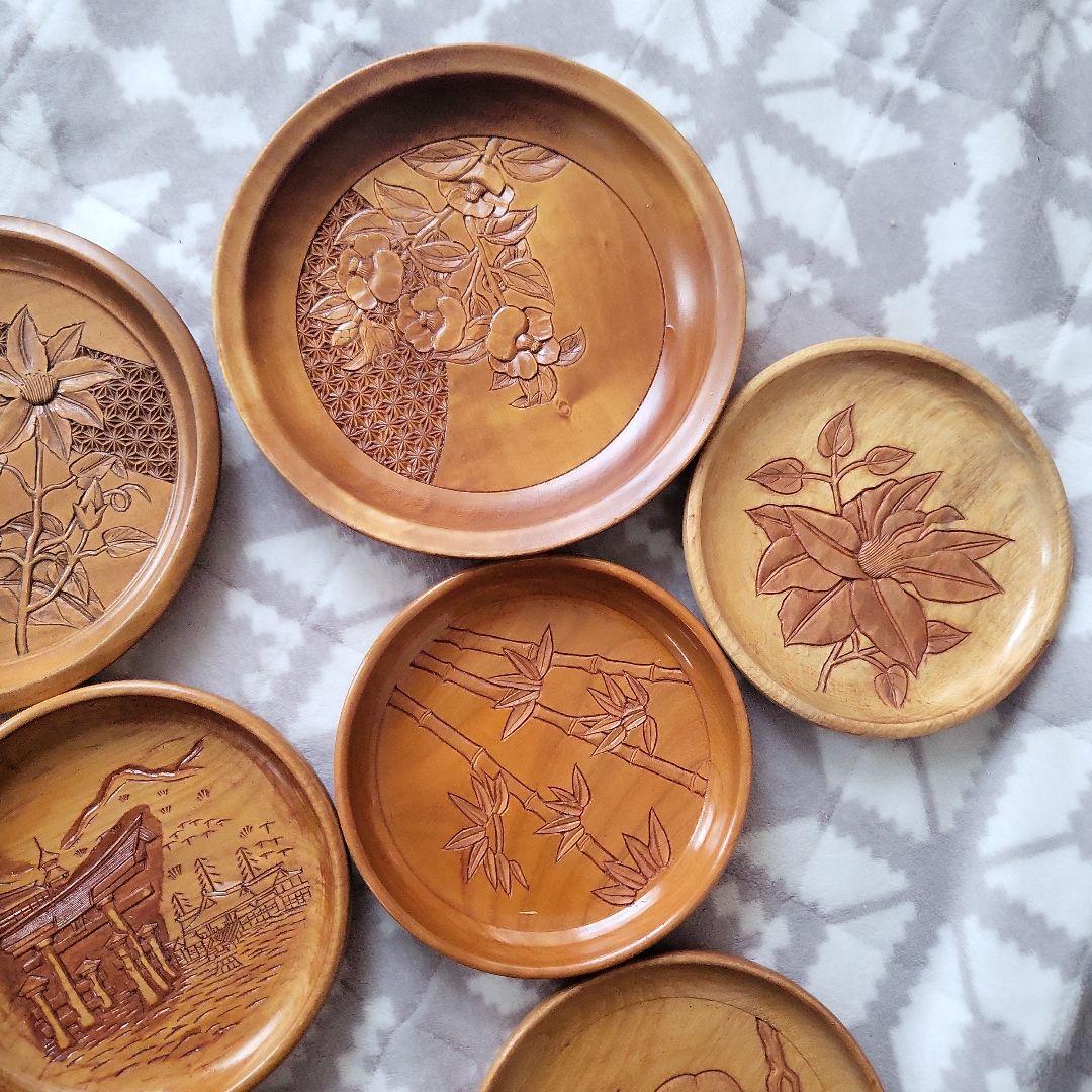 木製 彫刻盆 9枚セット お盆 宮島彫 お菓子 柿 駒 牡丹 レトロ 紅葉