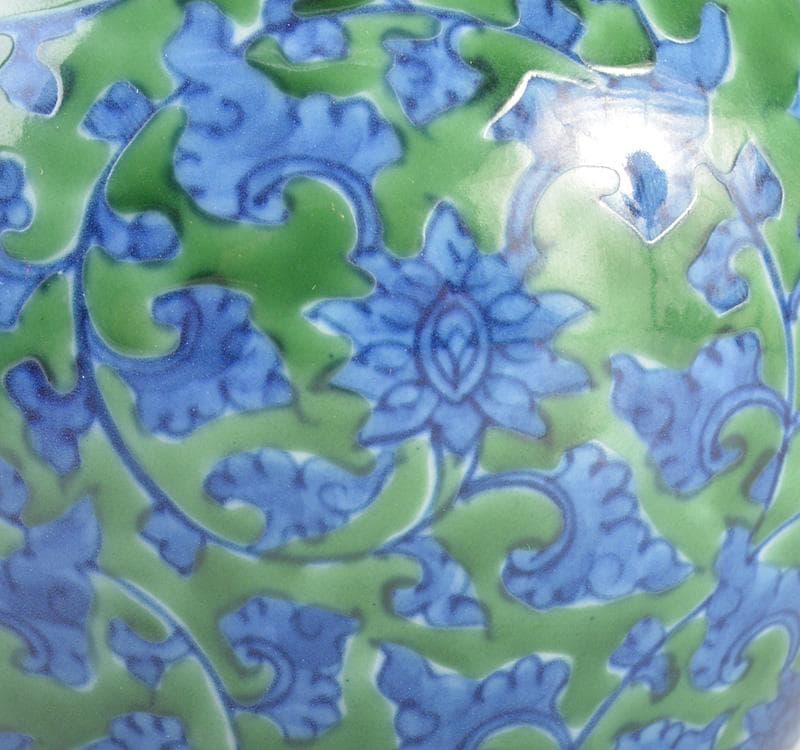 茶道具 有田焼 館林源右衛門 緑彩 唐草文 錫口 茶壺 共箱 F R4621