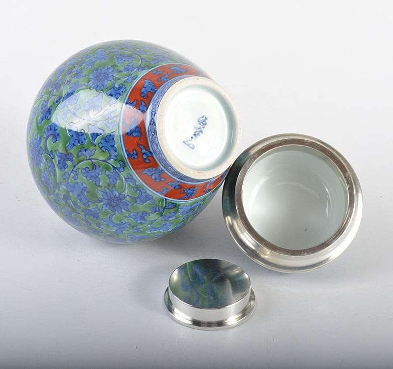 茶道具 有田焼 館林源右衛門 緑彩 唐草文 錫口 茶壺 共箱 F R4621