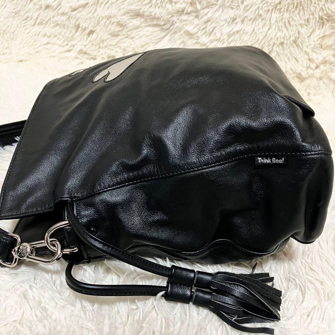 【美品】 シンクビー 巾着 2way ラインストーン レザーブラック