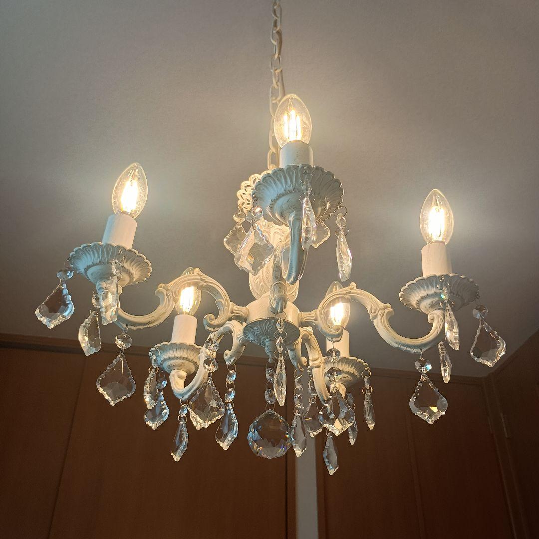 シャンデリア シャビーホワイト 5灯 LED電球付 クリスタルガラス 注意