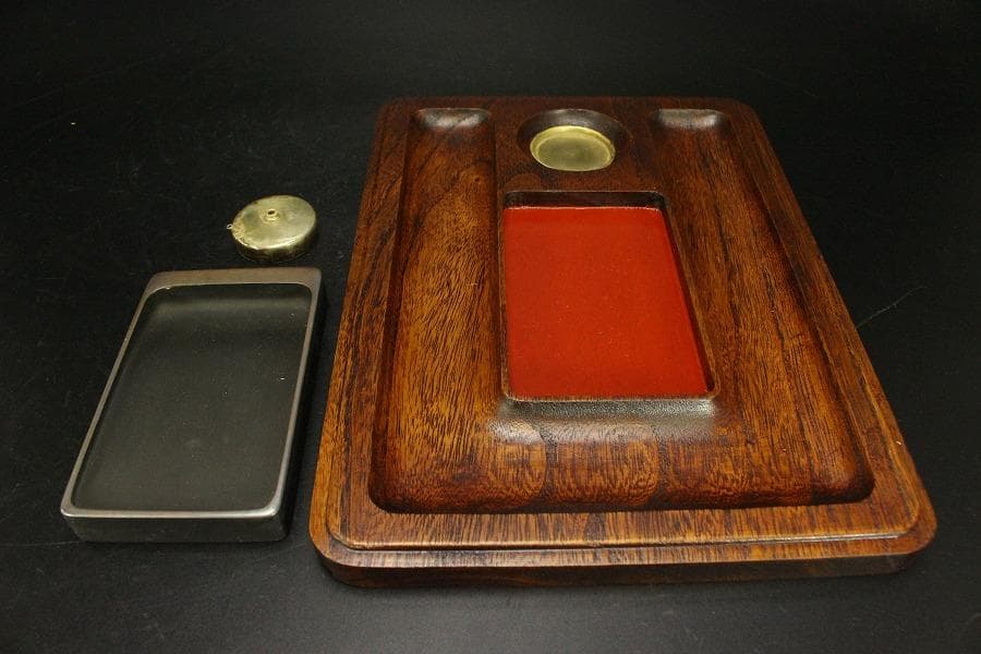 笹蒔絵 板文庫硯 共箱 未使用 文房四宝(A923)