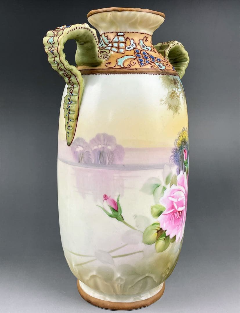 【美品】オールドノリタケ 約２５cm 薔薇紋 エナメル盛り 花瓶 アールヌーボー