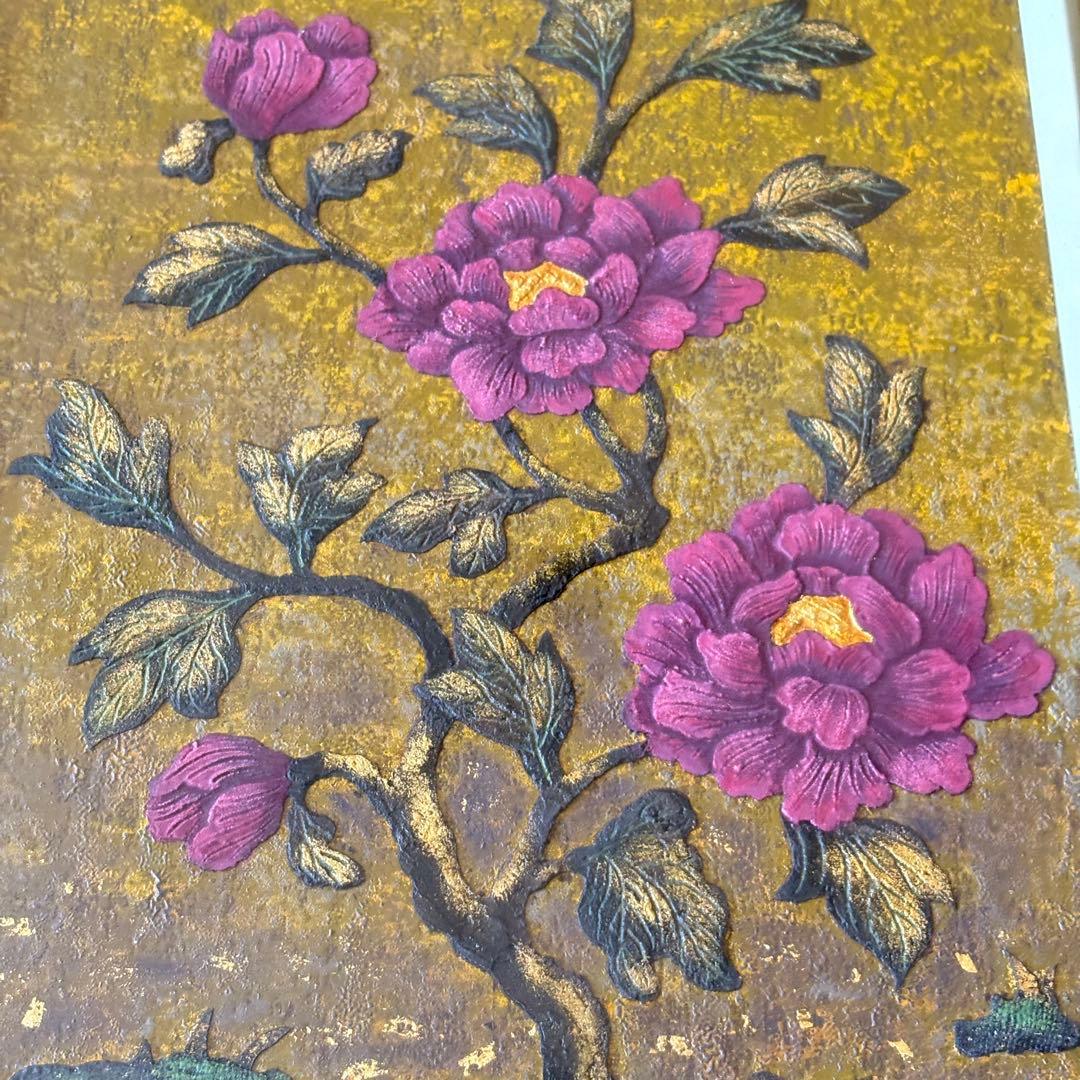 木下純寛 漆絵「牡丹」額装 共シール 三軌会評議委員 漆画作家 漆工芸家 K