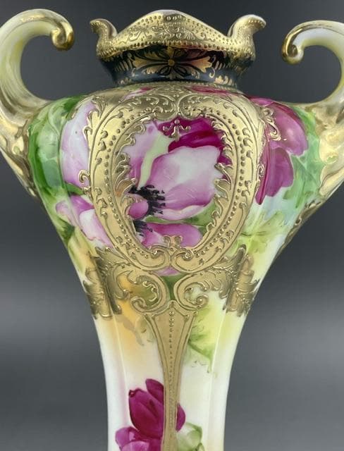 【大型】オールドニッポン 約30㎝ 芥子紋花瓶 アールヌーボー 金盛り ポピー