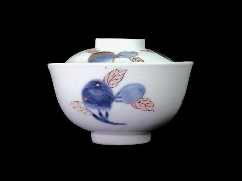 古伊万里　染錦　茄子の図　蓋茶碗　AS-DCa