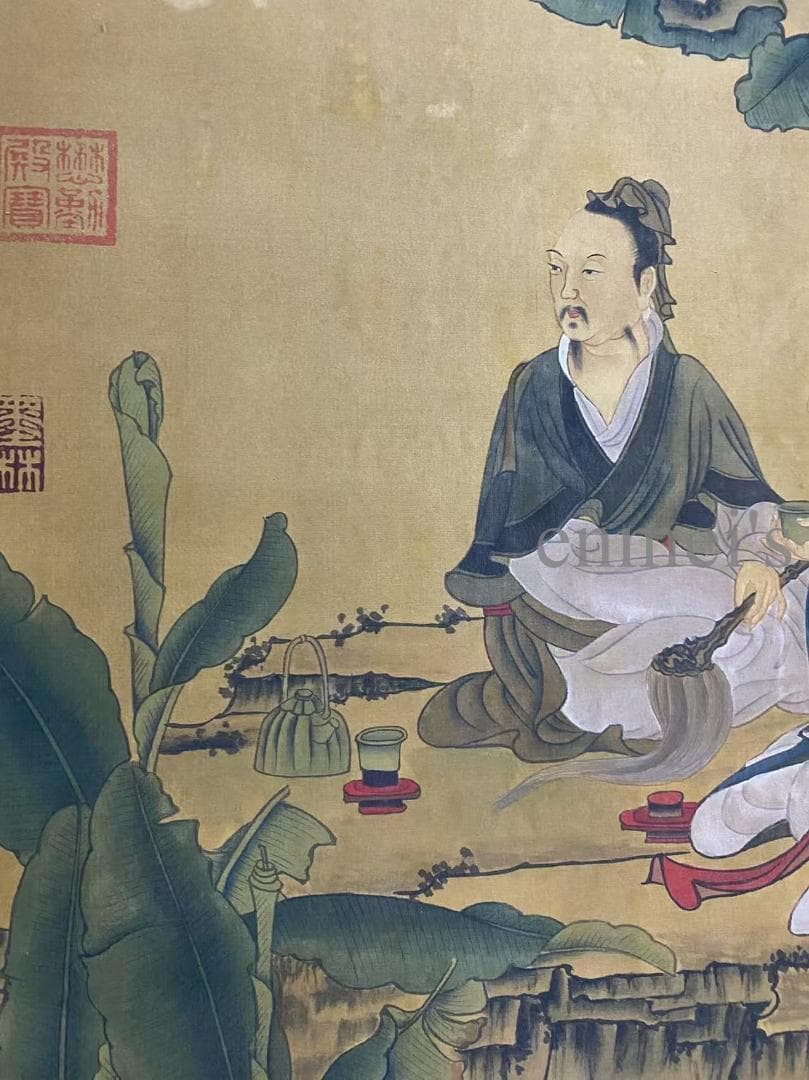 中国古美術 五代 周文矩款 人物図 掛軸 絹布 唐物 古画 書画