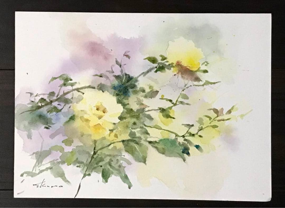 黒川達也　「黄薔薇」 水彩画　真作　宮永岳彦師事　シートの状態　額無し