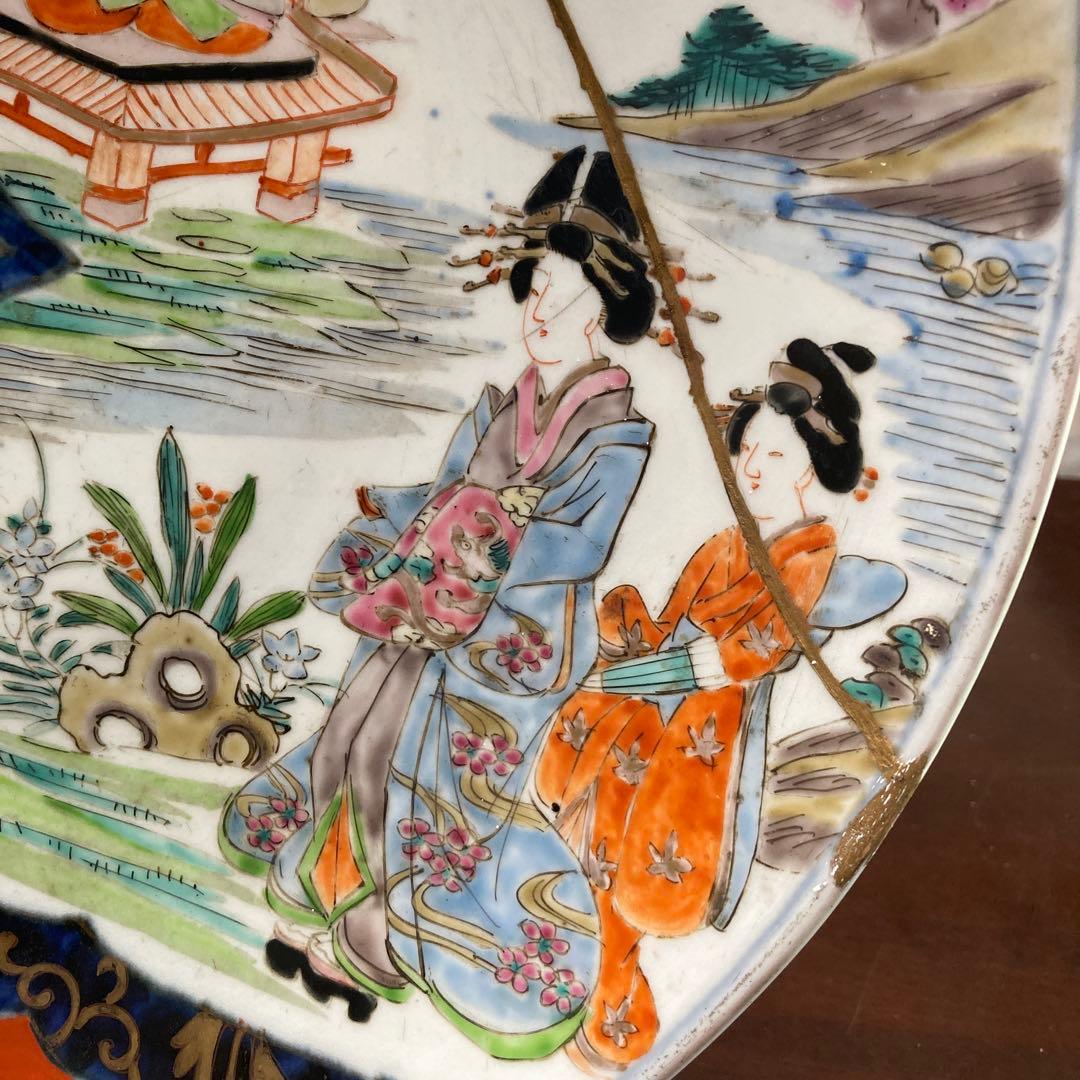 古伊万里　赤絵　幕末　大皿　飾皿　金継ぎあり　37センチ