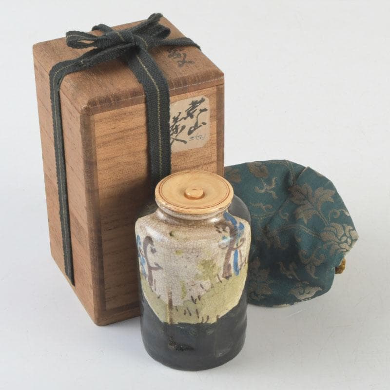 茶道具　尾形乾山　草文　茶入　仕覆付　裏千家八代　又玄斎極め箱　D 9466 茶道具 尾形乾山 草文 茶入 仕覆付 裏千家八代 又玄斎極め
