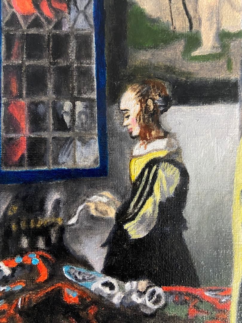 フェルメール　肉筆手描きの油絵模写画　窓辺で手紙を読む女