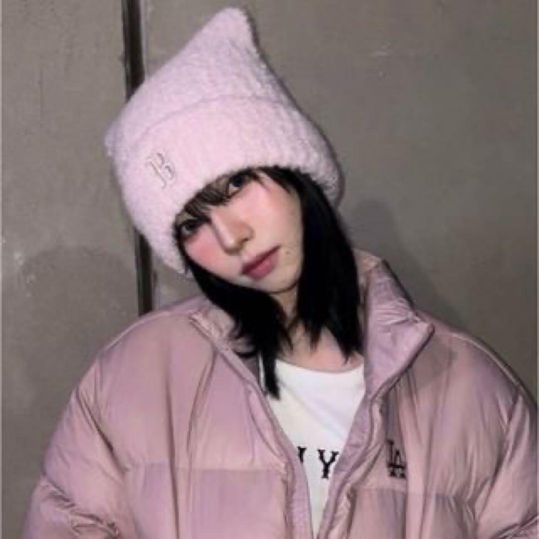 新品】TWS ハンジン カリナ着用 MLB KOREA 猫耳 ニット帽 ピンク