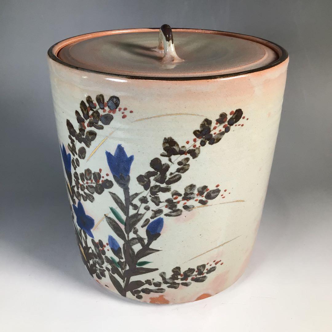 Ｎ７２３　水指　『菰山窯　宮田豊造』『金彩秋草文』『一重口水指』　共箱　茶道具