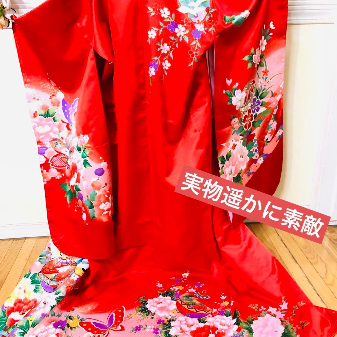 七五三七歳❣️四つ身着物光沢地未使用⭐︎赤地手毬花金彩煌びやか絢爛⭐︎完全フルセット