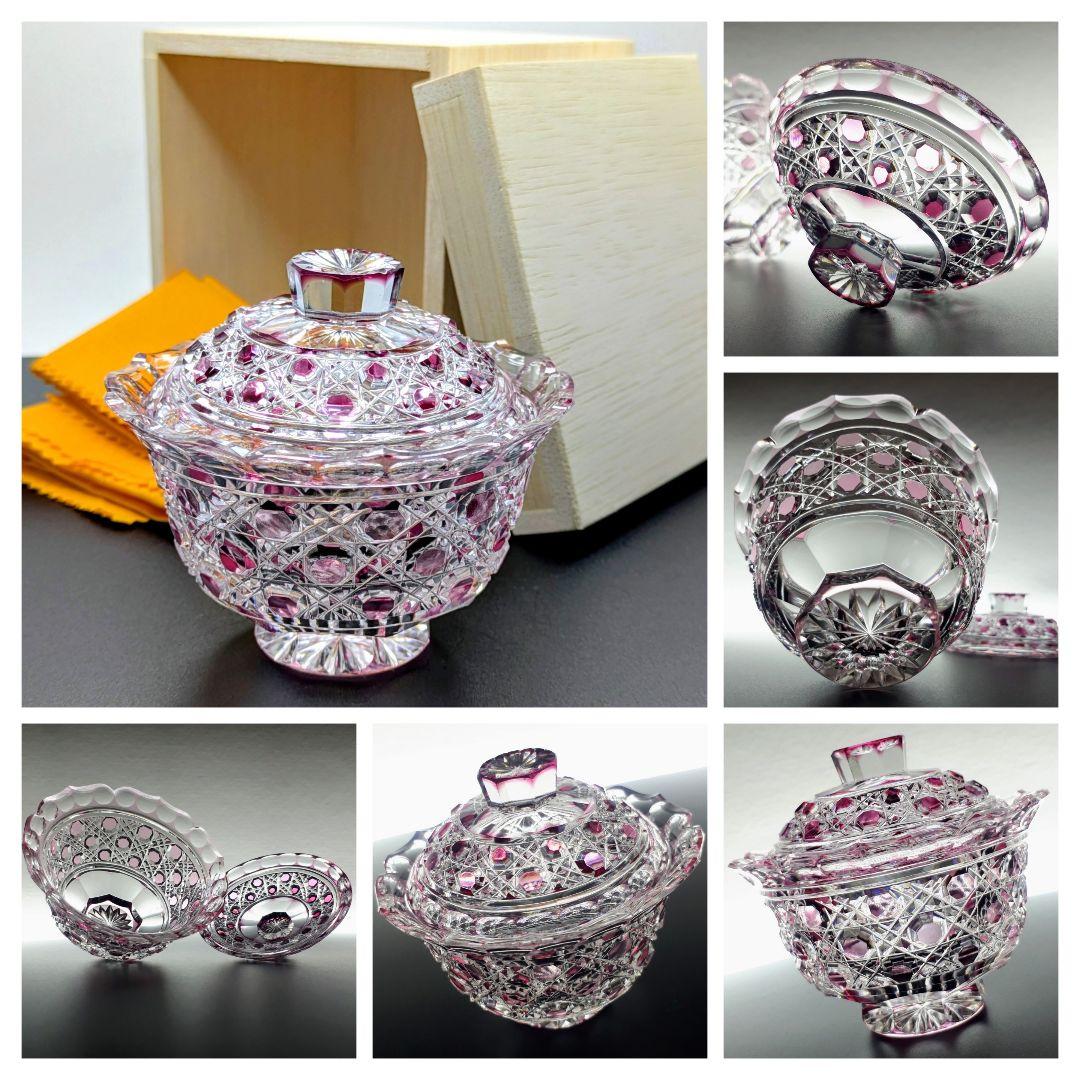 江戸切子 堀口硝子✩秀石 金赤色被せ 八角籠目 蓋物 【 美品 】 薩摩