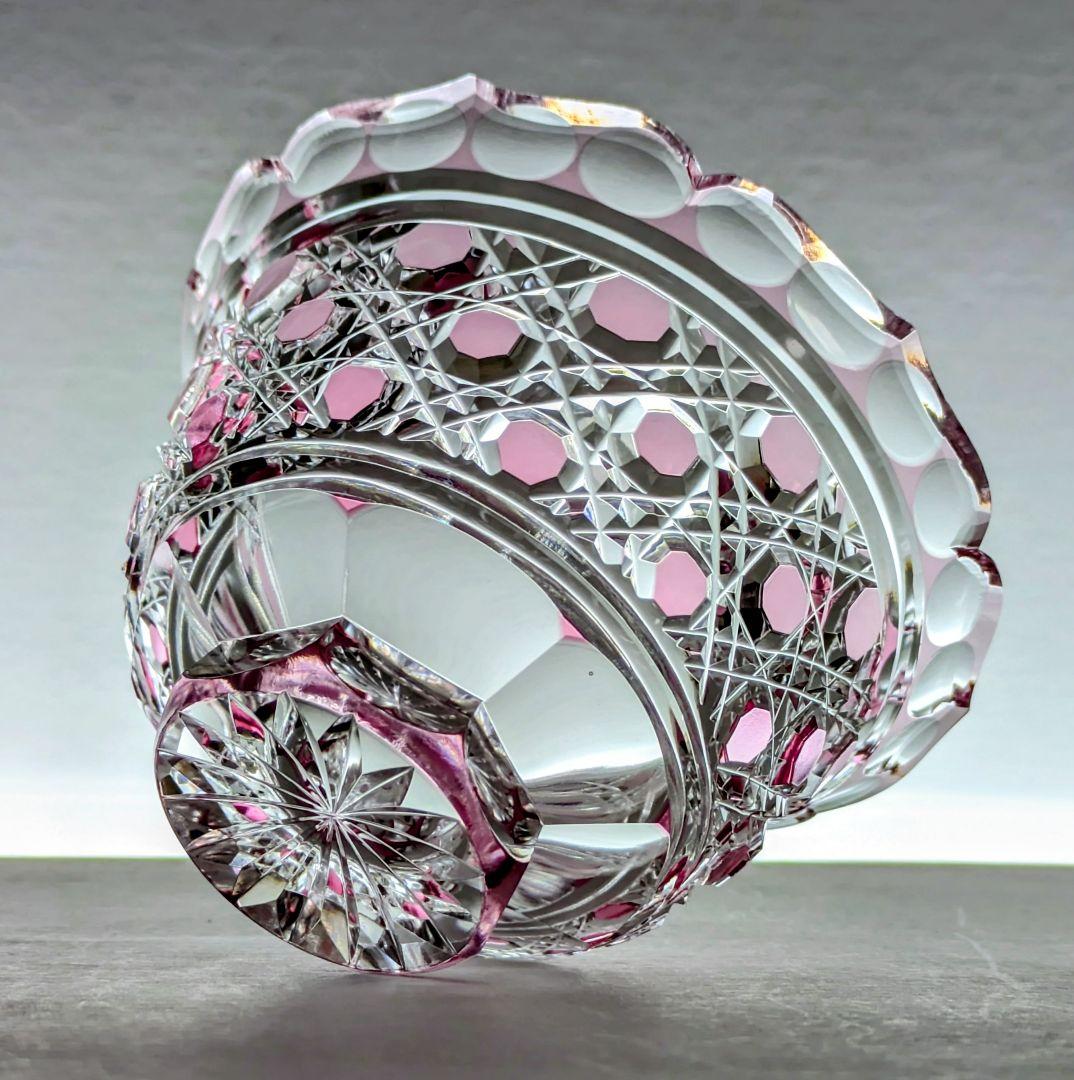 江戸切子 堀口硝子✩秀石 金赤色被せ 八角籠目 蓋物 【 美品 】 薩摩