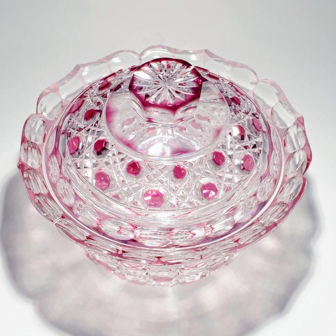 江戸切子 堀口硝子✩秀石 金赤色被せ 八角籠目 蓋物 【 美品 】 薩摩