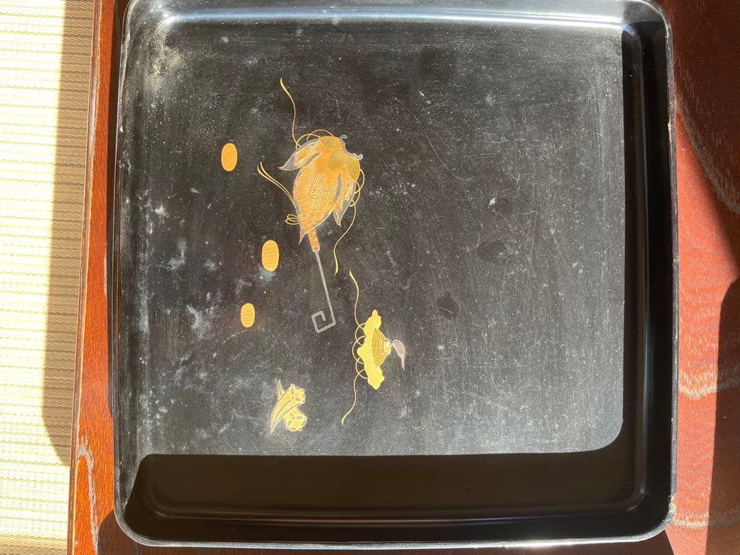 骨董品　輪島塗　漆器7枚　葉っぱの模様　トレー 卓上盆 黒内朱会席膳 漆塗　木箱