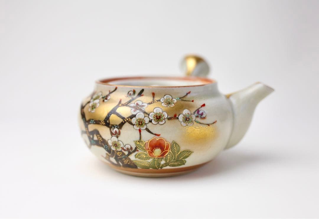 九谷焼 田村金星 細字 煎茶道 和歌 梅椿図 点金 霊芝耳