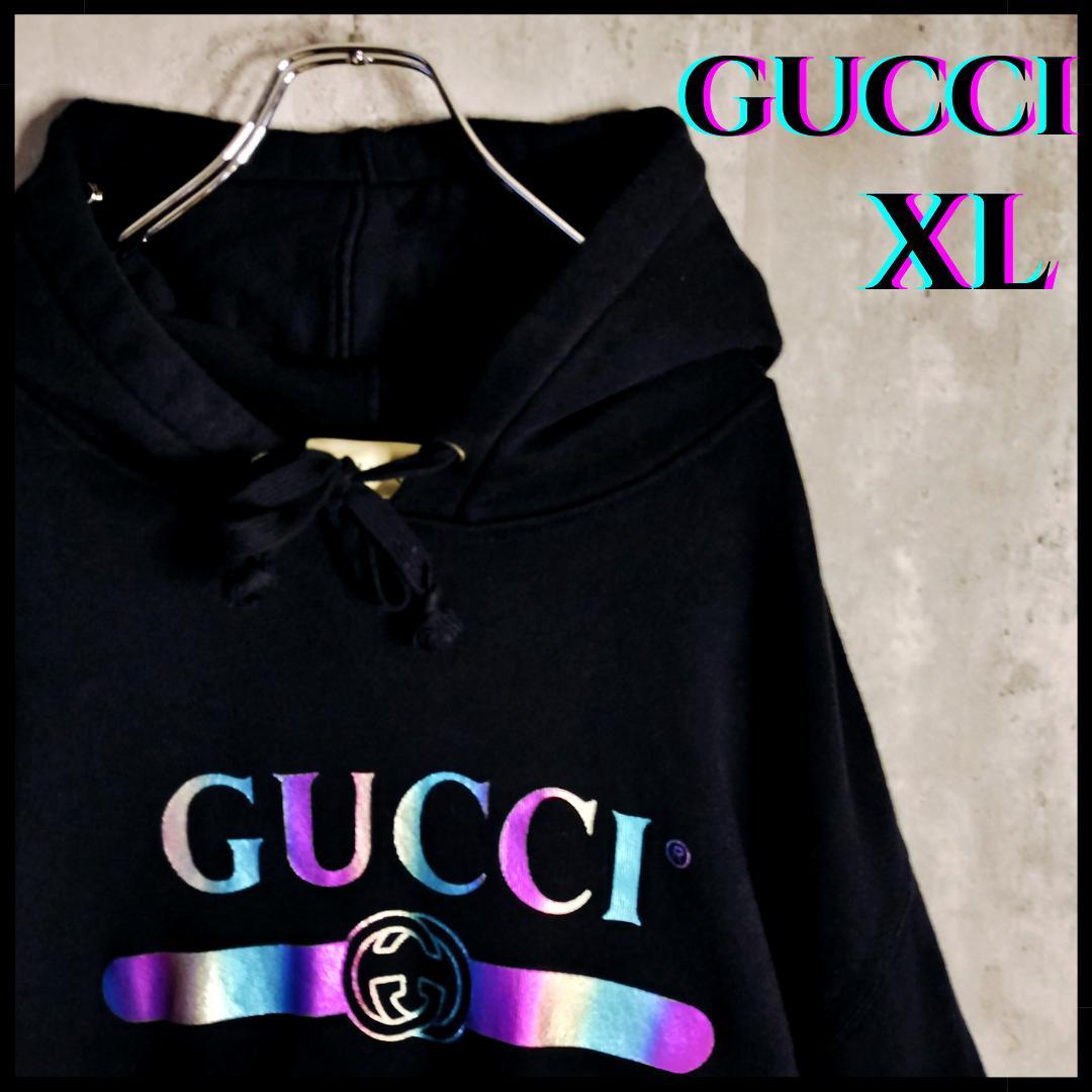 19SS★グッチ オーロラレインボーロゴ インターロッキングG パーカー 黒 L