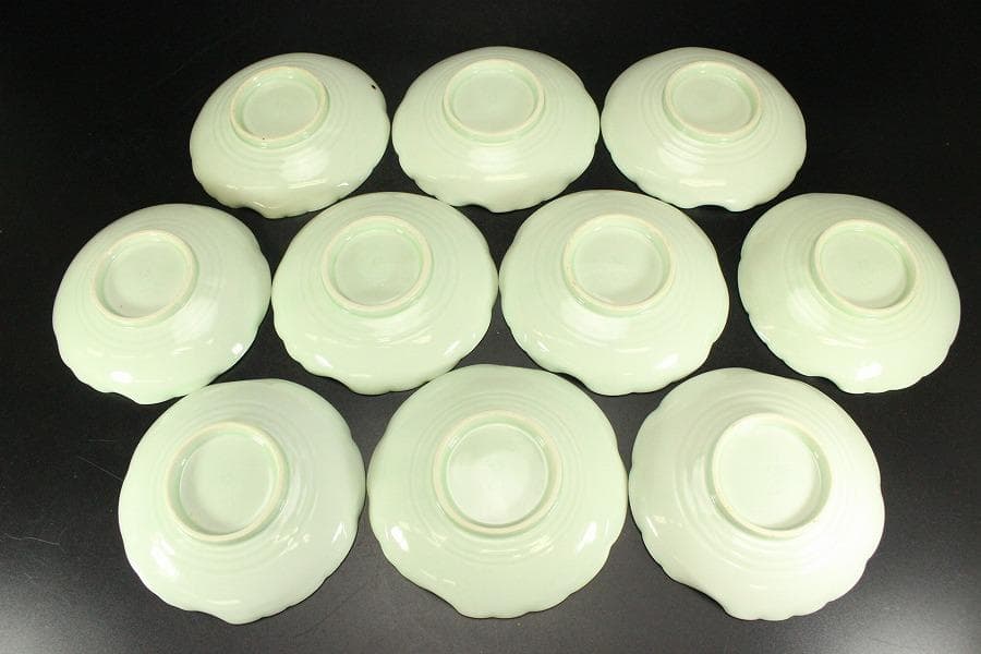 宮内省御用達 平戸 三川内焼 陽山末太朗作 青磁木の葉皿 十客共箱