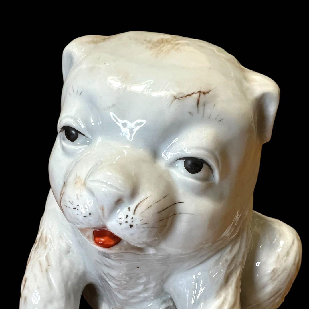 《古美術》陶器製 江戸期 古九谷 白磁扇子台座乗り金彩模様狛犬 箱付